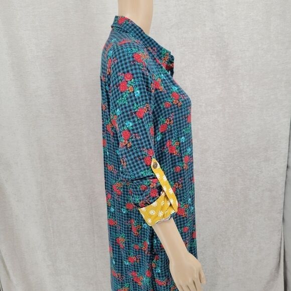 Matilda Jane Dark Teal Blsck Gingham and Floral Button Up Shirt Midi Dress - Picture 9 of 13